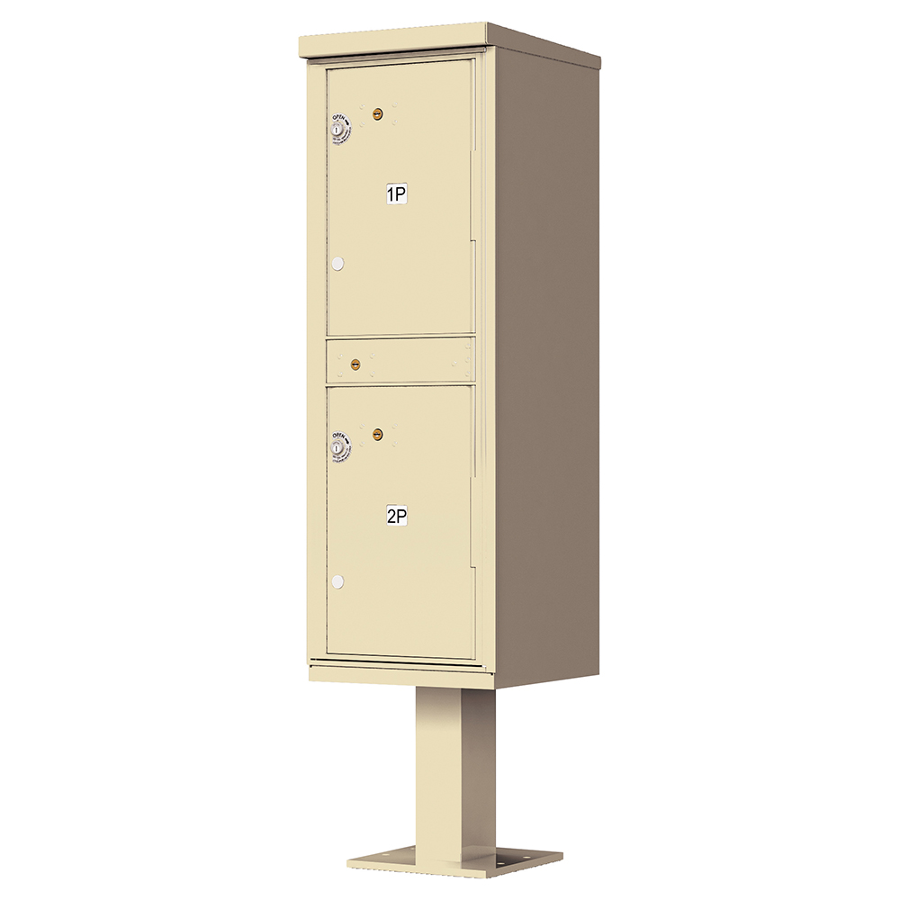Beige outdoor pedestal mailbox with two locking compartments labeled 1P and 2P.