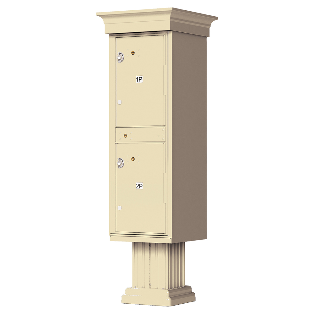 Beige pedestal mailbox with two compartments labeled 1P and 2P.