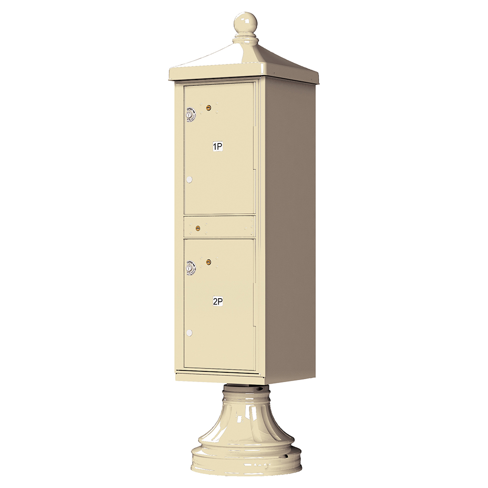 Beige pedestal mailbox with two compartments labeled 1P and 2P, featuring a decorative top and base.