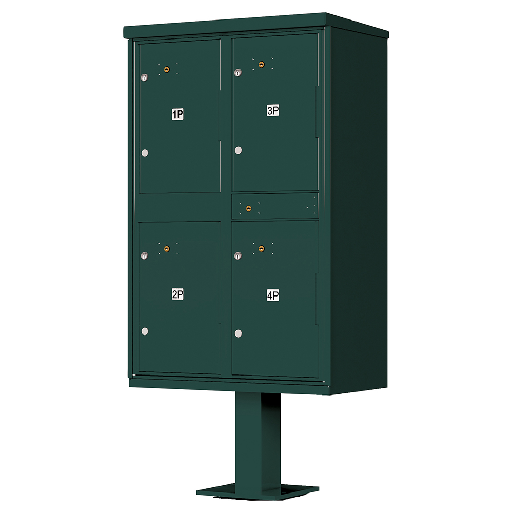 Green metal outdoor parcel locker with four compartments on a pedestal.
