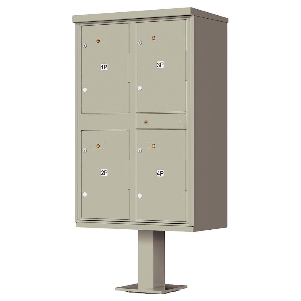Freestanding beige metal mailbox unit with four compartments labeled 1P, 2P, 3P, and 4P.
