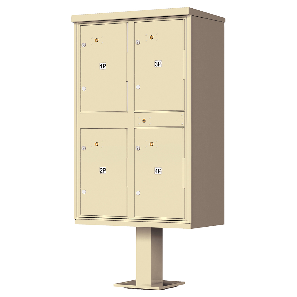 Beige outdoor pedestal mailbox with four compartments labeled 1P, 2P, 3P, and 4P.