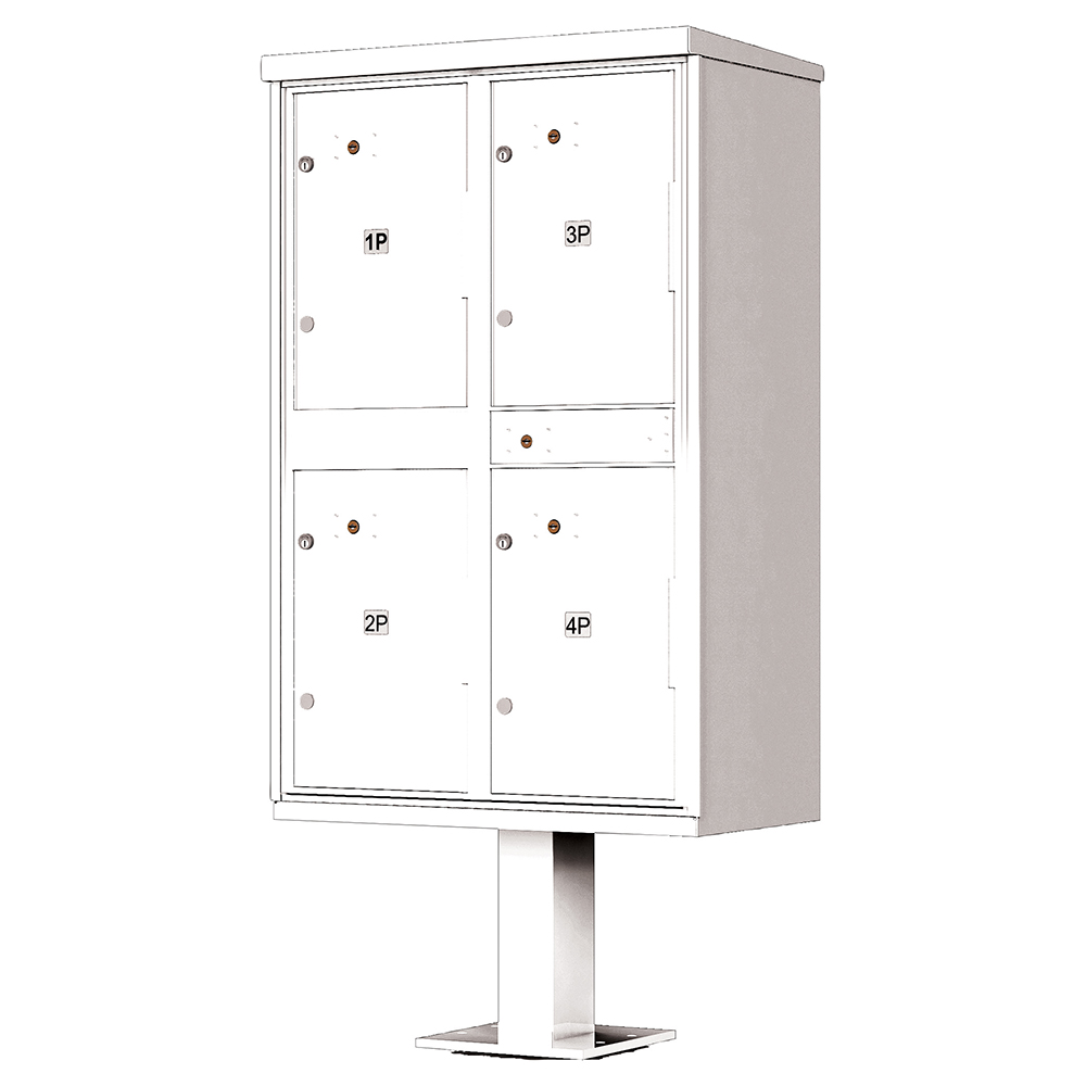 White metal outdoor mailbox unit with four compartments on a pedestal.