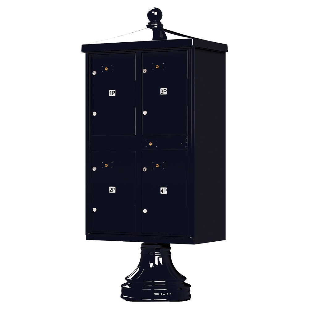 Black four-door pedestal mailbox with numbered compartments.