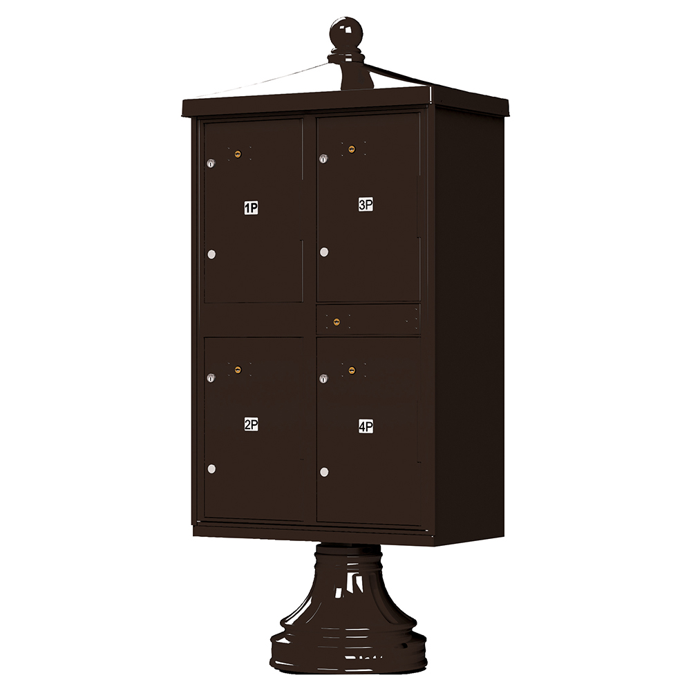 Dark brown pedestal mailbox with four compartments labeled 1P, 2P, 3P, and 4P.
