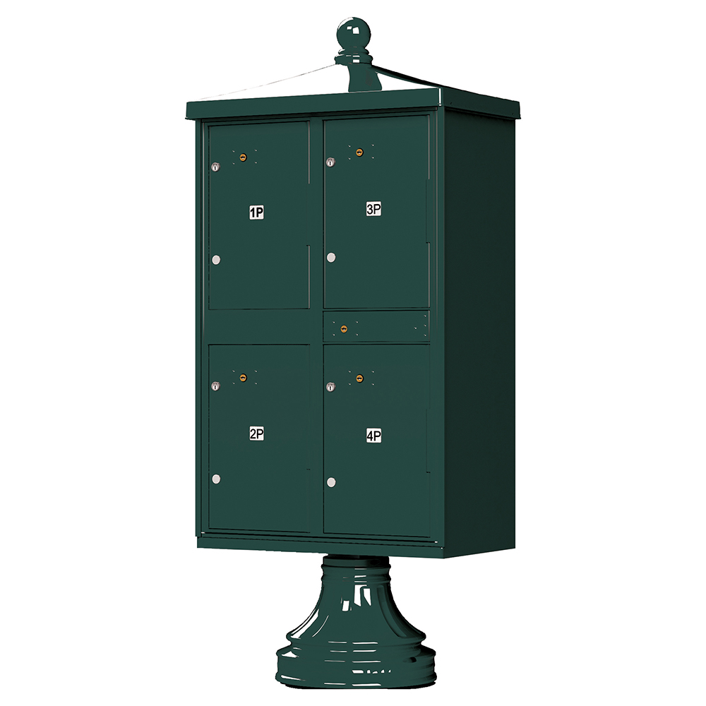 Green metal pedestal mailbox with four compartments labeled 1P, 2P, 3P, and 4P.