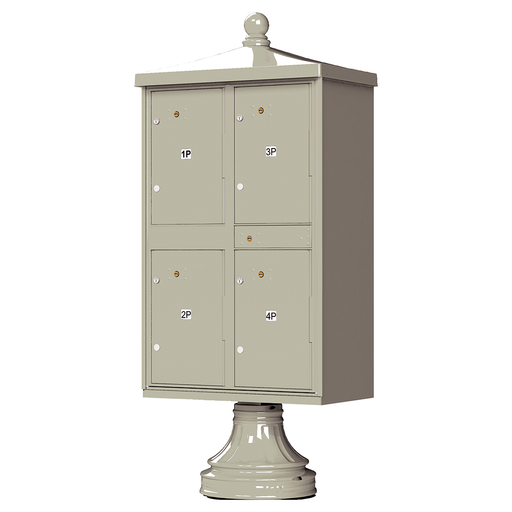 Beige pedestal mailbox with four compartments labeled 1P, 2P, 3P, and 4P.