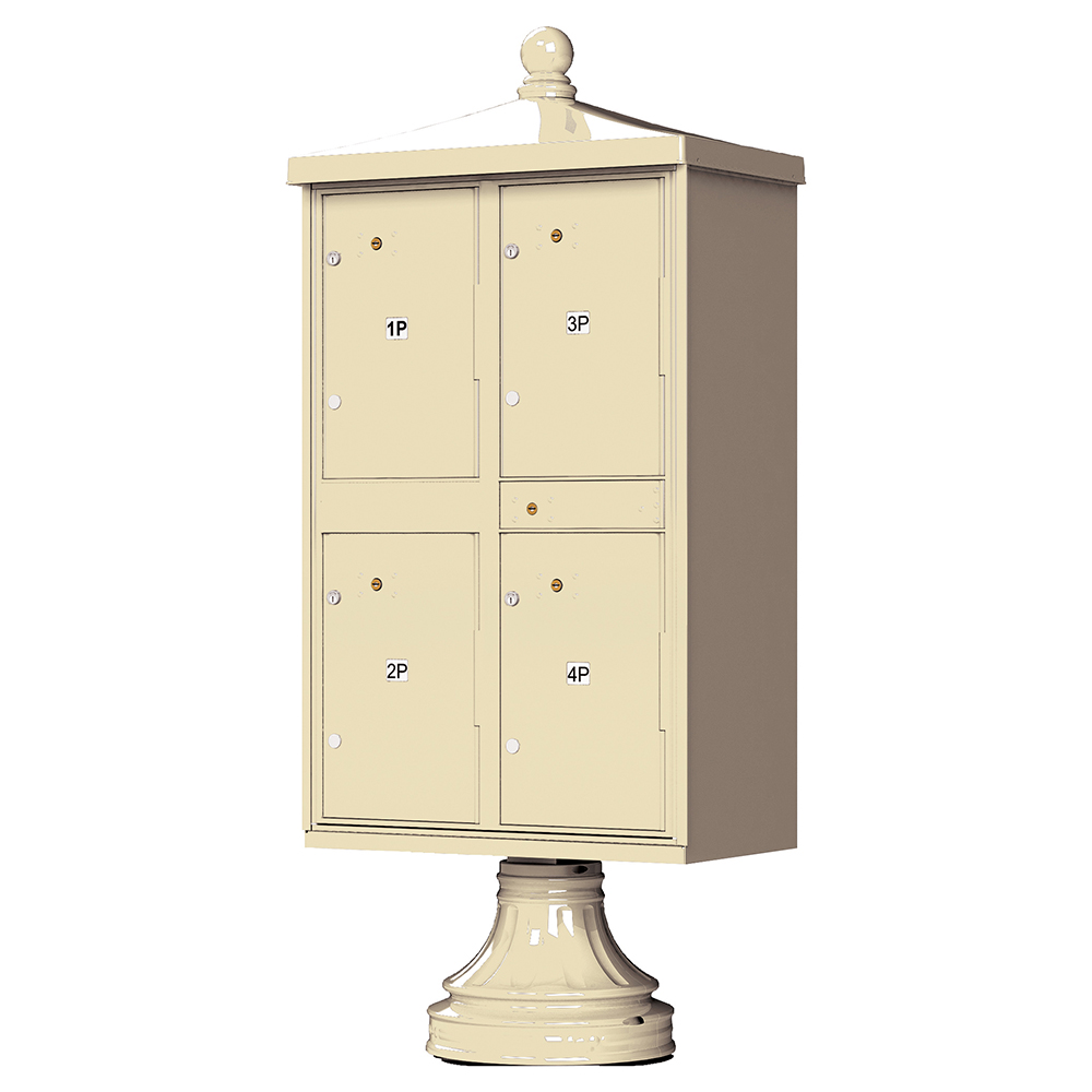 Beige pedestal mailbox with four compartments labeled 1P, 2P, 3P, and 4P.