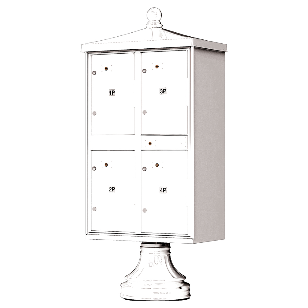 White vintage-style pedestal mailbox with four compartments labeled 1P, 2P, 3P, and 4P.