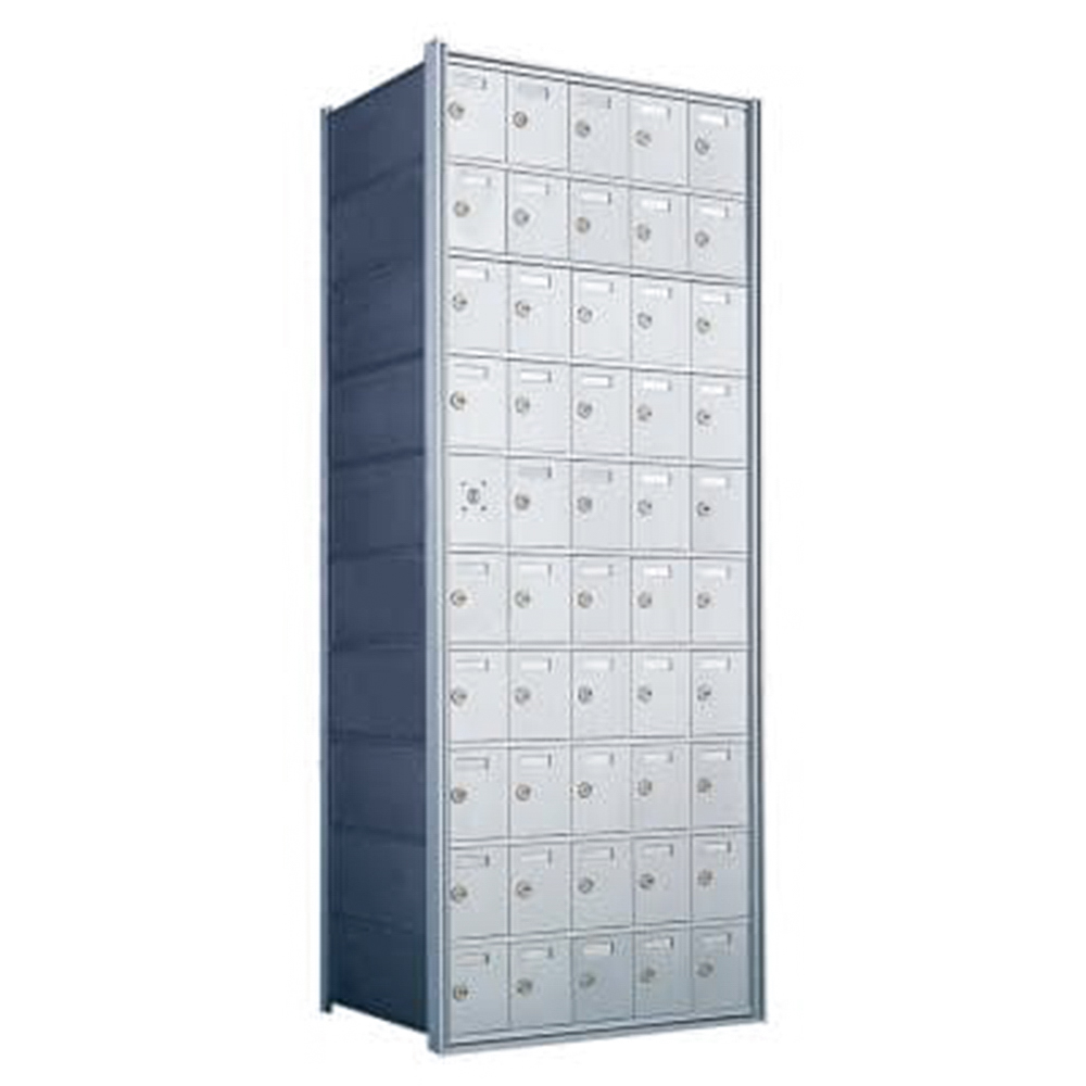 Tall metal locker unit with multiple small compartments and locks.