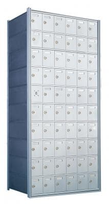 Tall metal locker unit with multiple small compartments and locks.