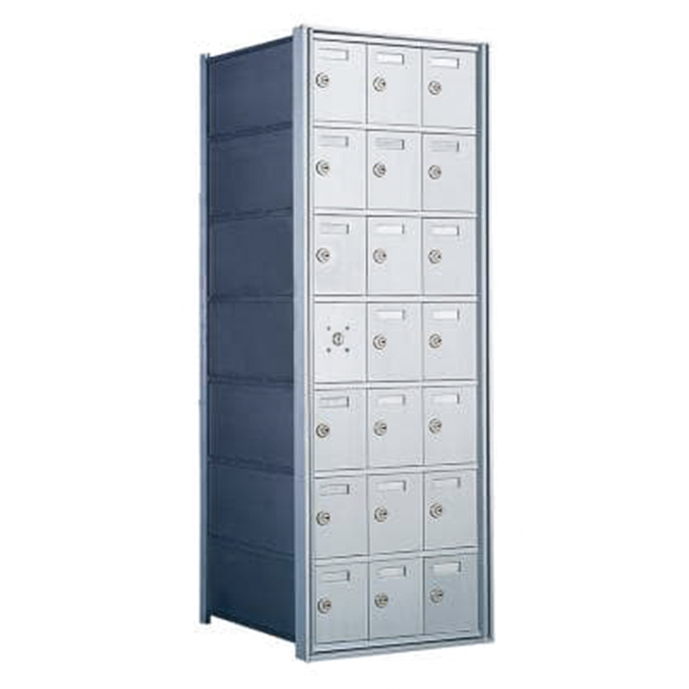 Tall metal locker with multiple small compartments and locks.
