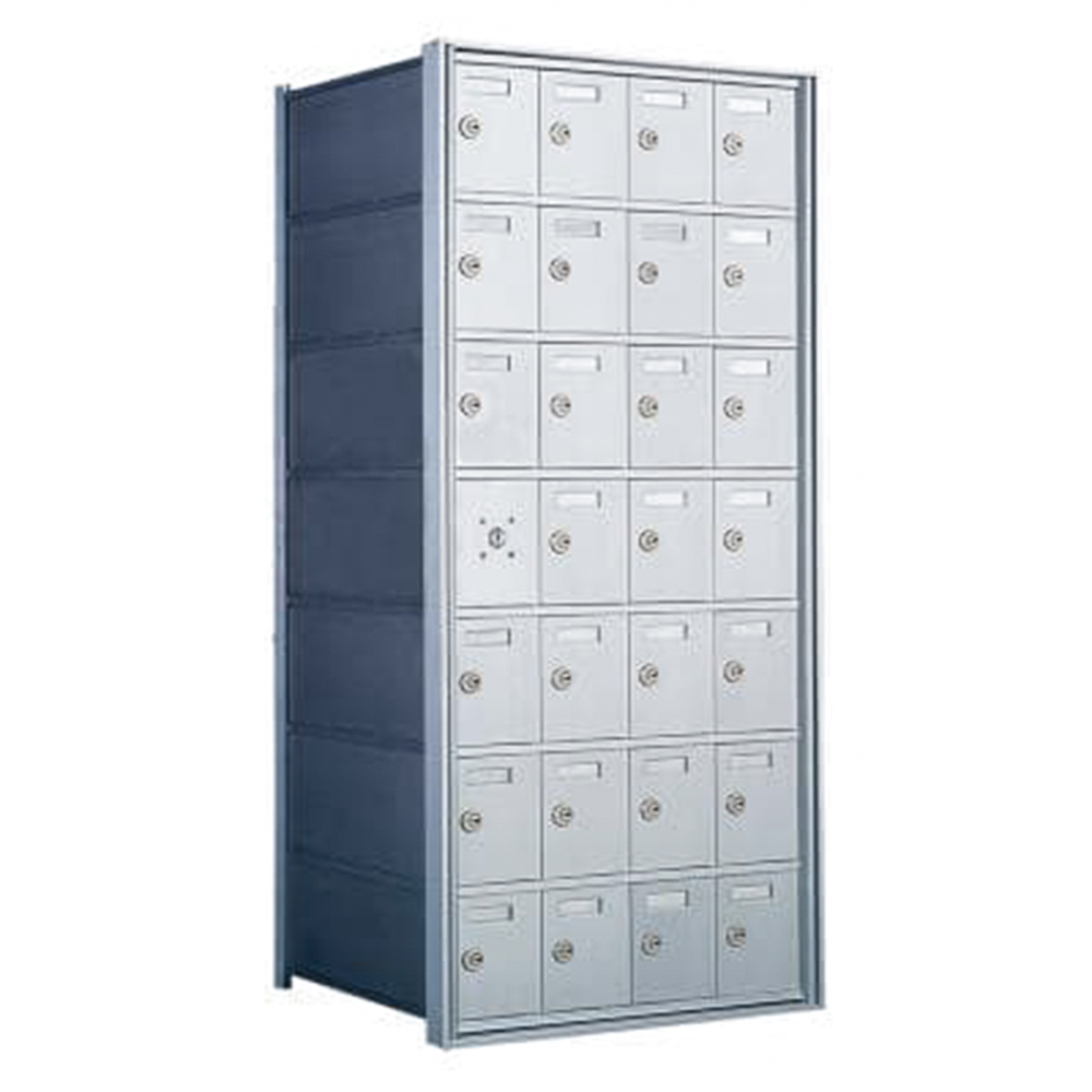 Silver multi-unit mailbox with 25 compartments and key locks.