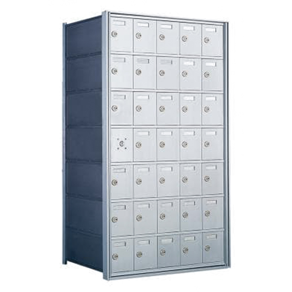 Metallic multi-compartment mailbox unit with five rows of lockable doors.