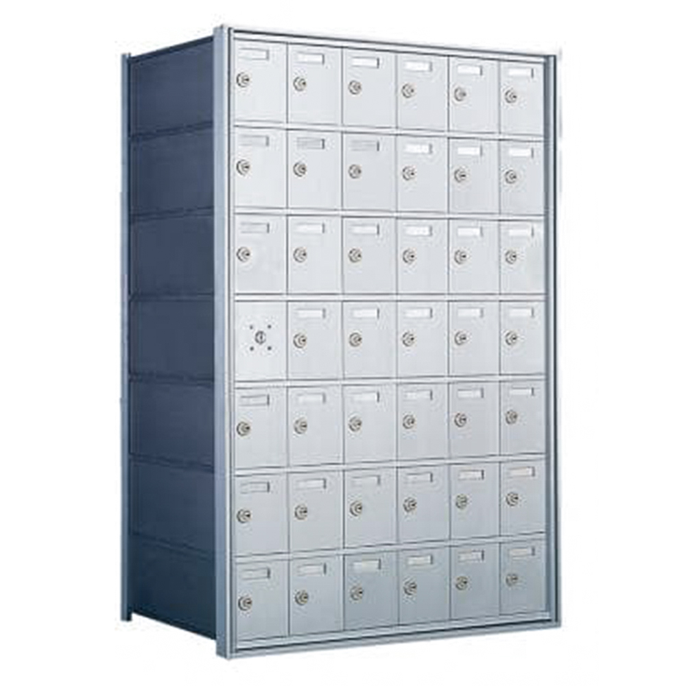 Metallic multi-unit mailbox with five rows of locked compartments.