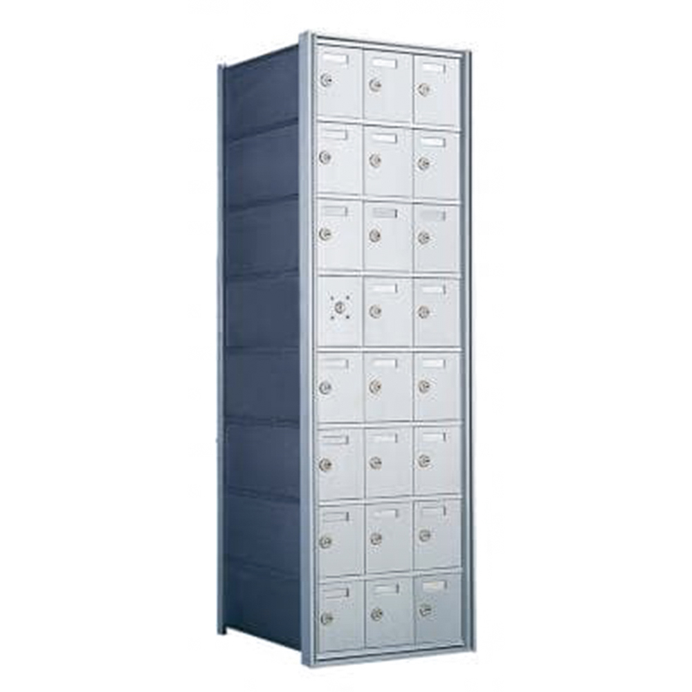Tall metal locker with multiple small compartments and locks.