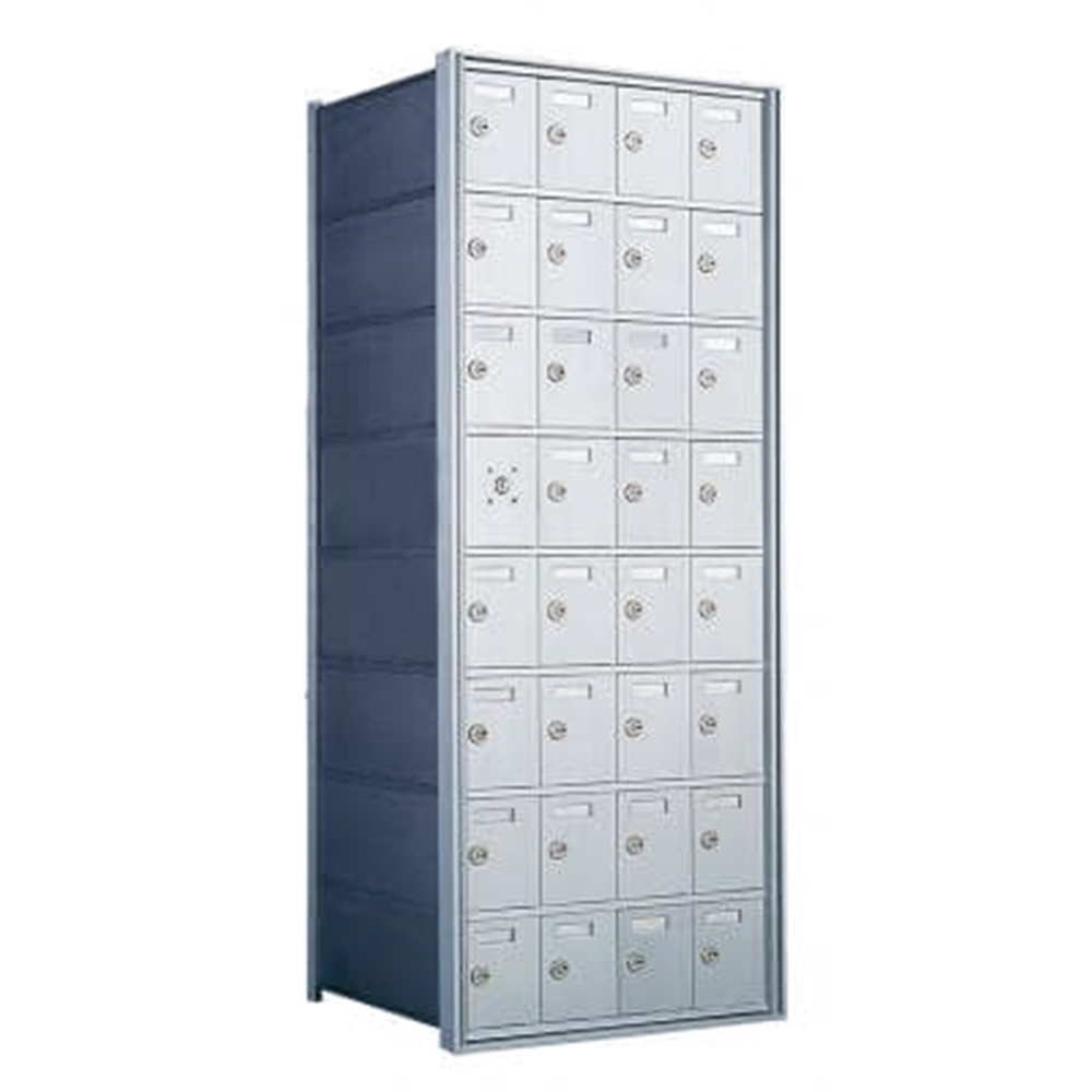 Tall metal locker with multiple small compartments and locks, viewed from an angle.