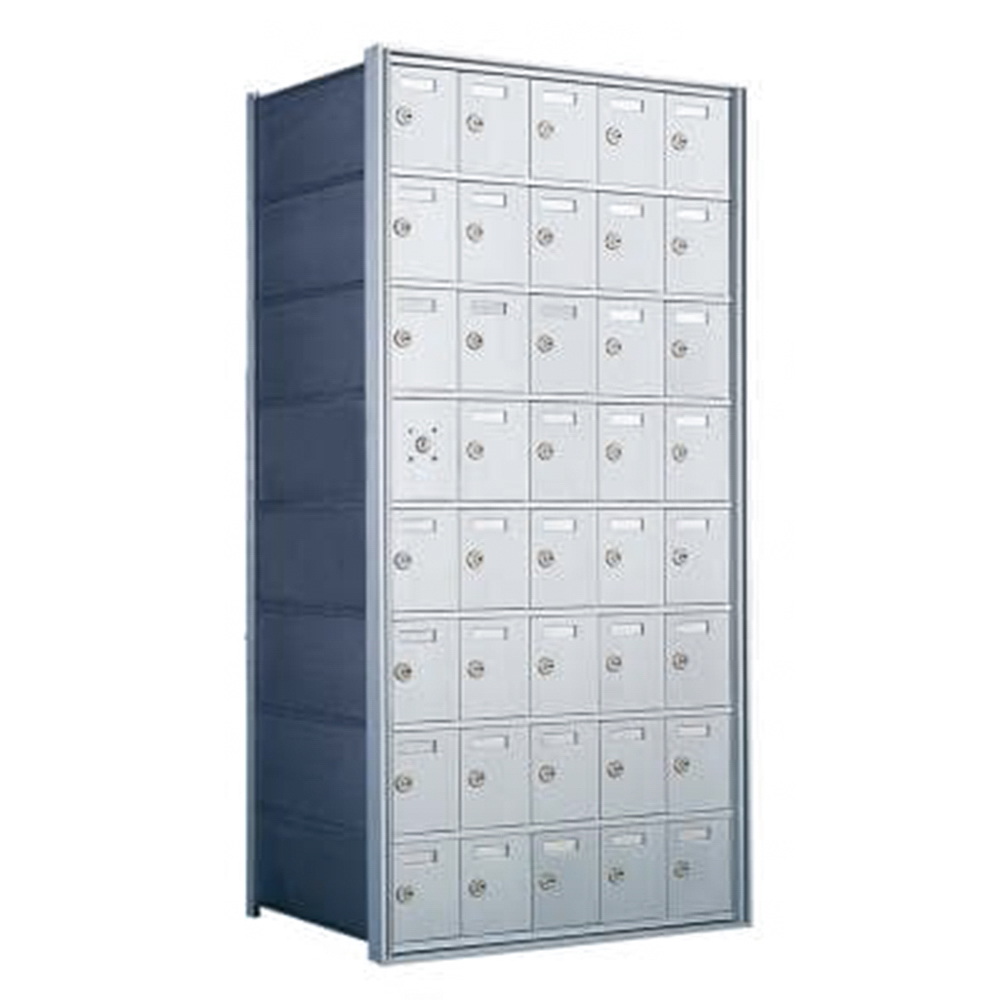 Silver metal mailbox unit with multiple locked compartments.