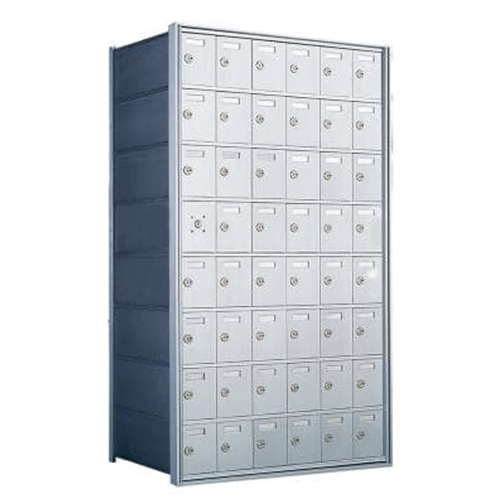 Metallic multi-unit mailbox with 40 compartments and locks, viewed from an angle.