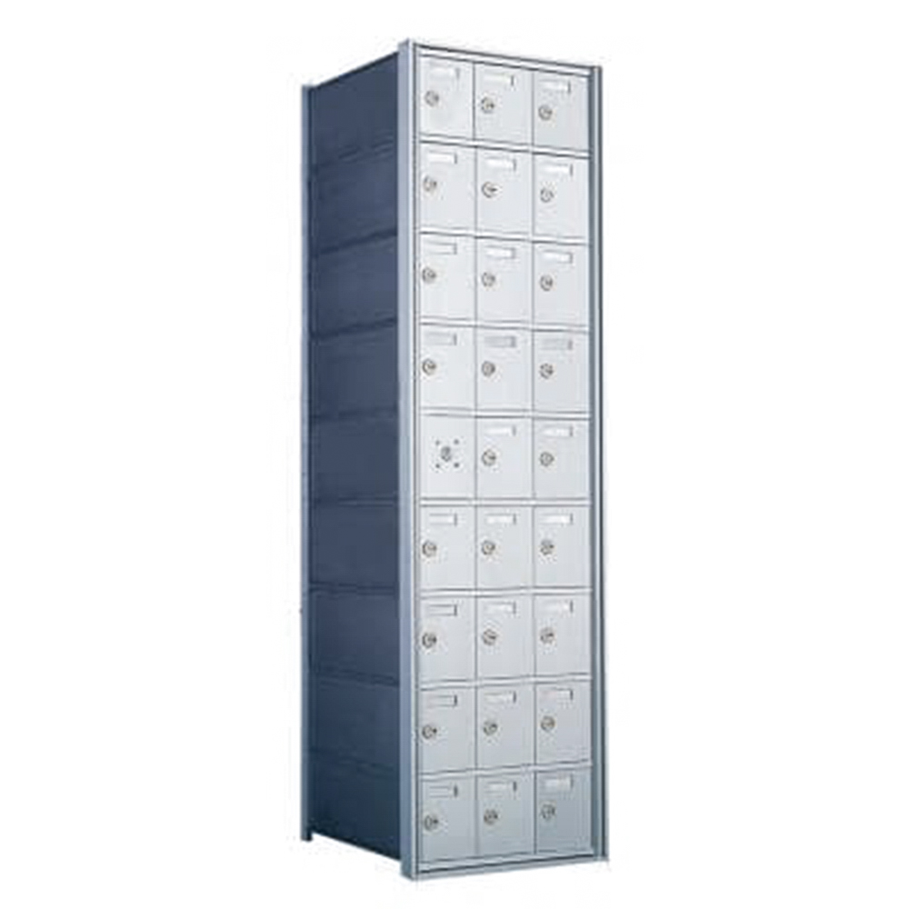 Tall metal locker with multiple small compartments and locks, viewed from an angle.