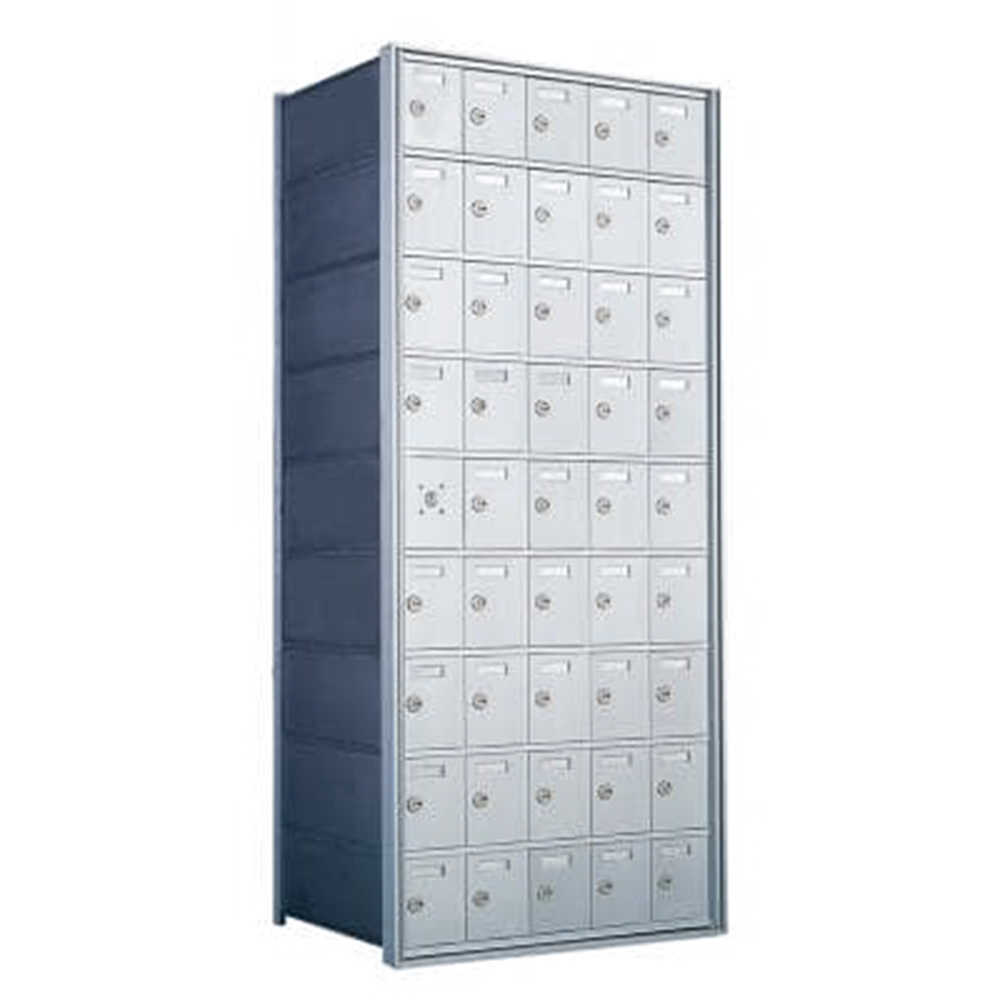 Tall metal mailbox unit with multiple locked compartments in a grid pattern.