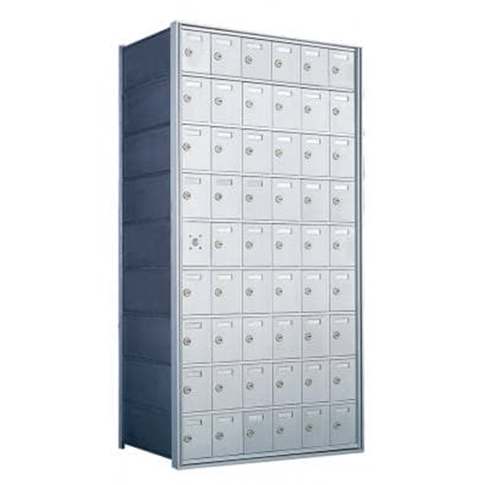 Metallic multi-unit mailbox with five rows of lockable compartments.