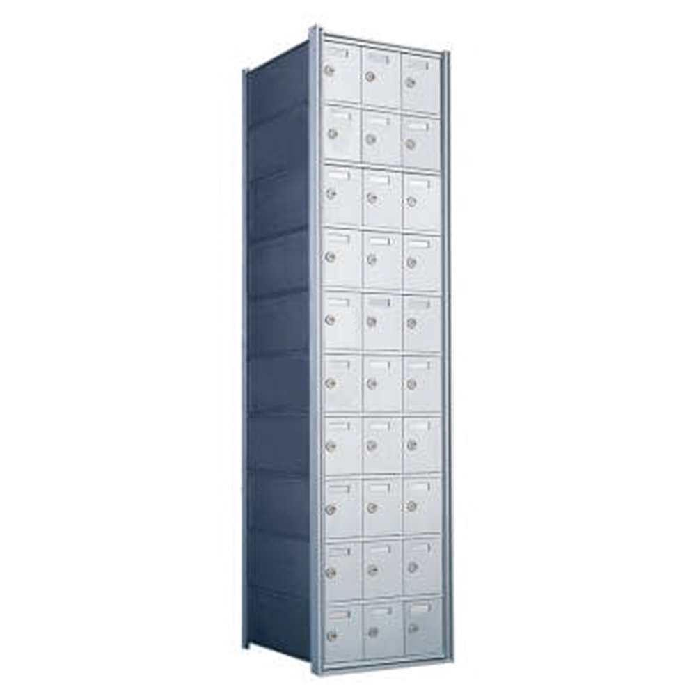 Tall metal locker unit with multiple small compartments and locks.