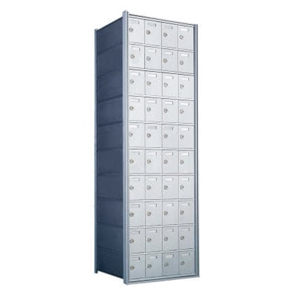Tall metal locker unit with multiple small compartments and locks.