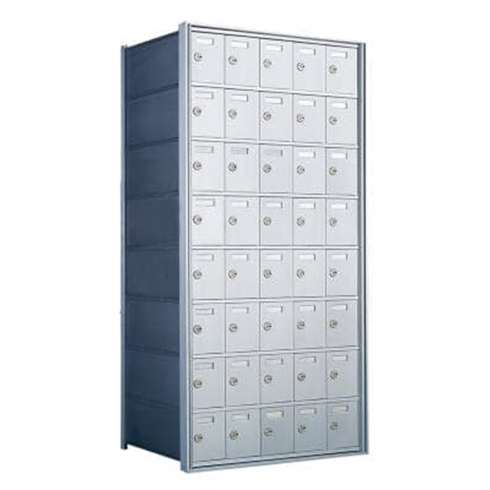 Silver metal locker unit with multiple compartments and key locks.