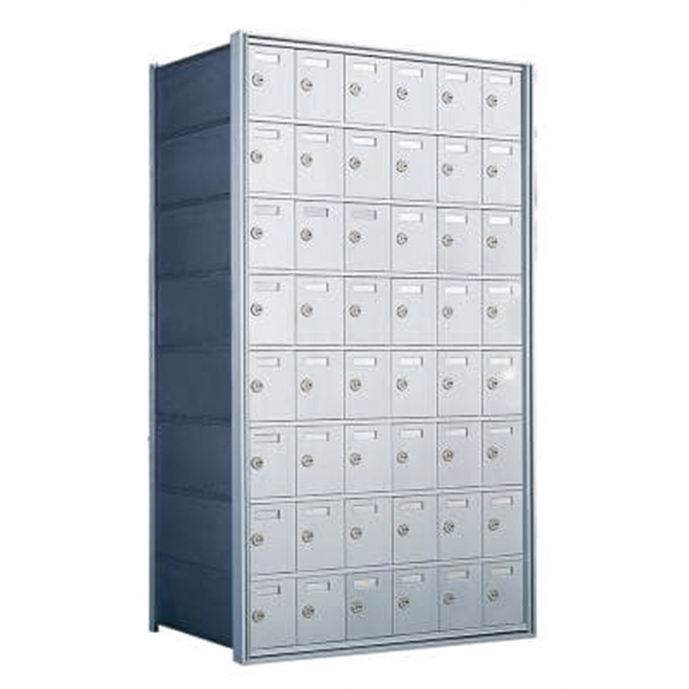 Metallic multi-unit mailbox with five rows of lockable compartments.