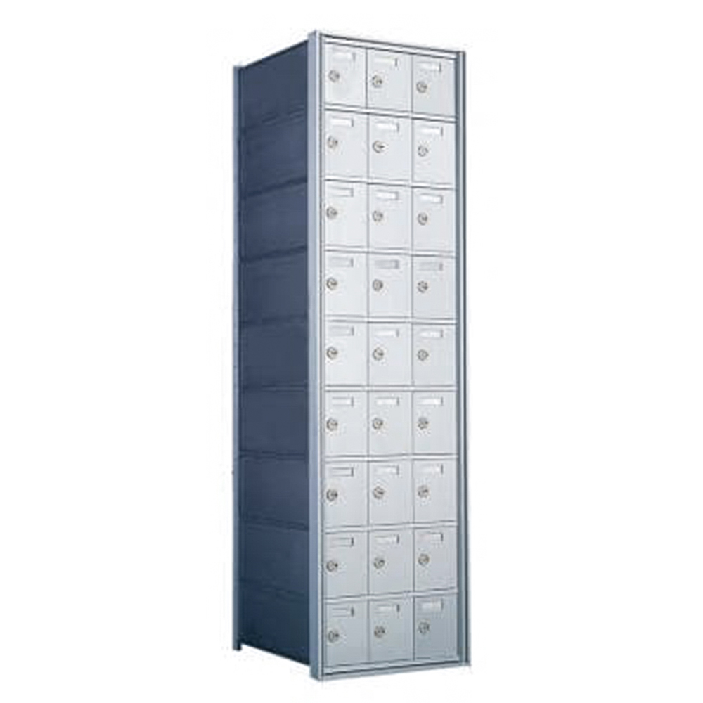 Tall metal locker with multiple small compartments and locks.