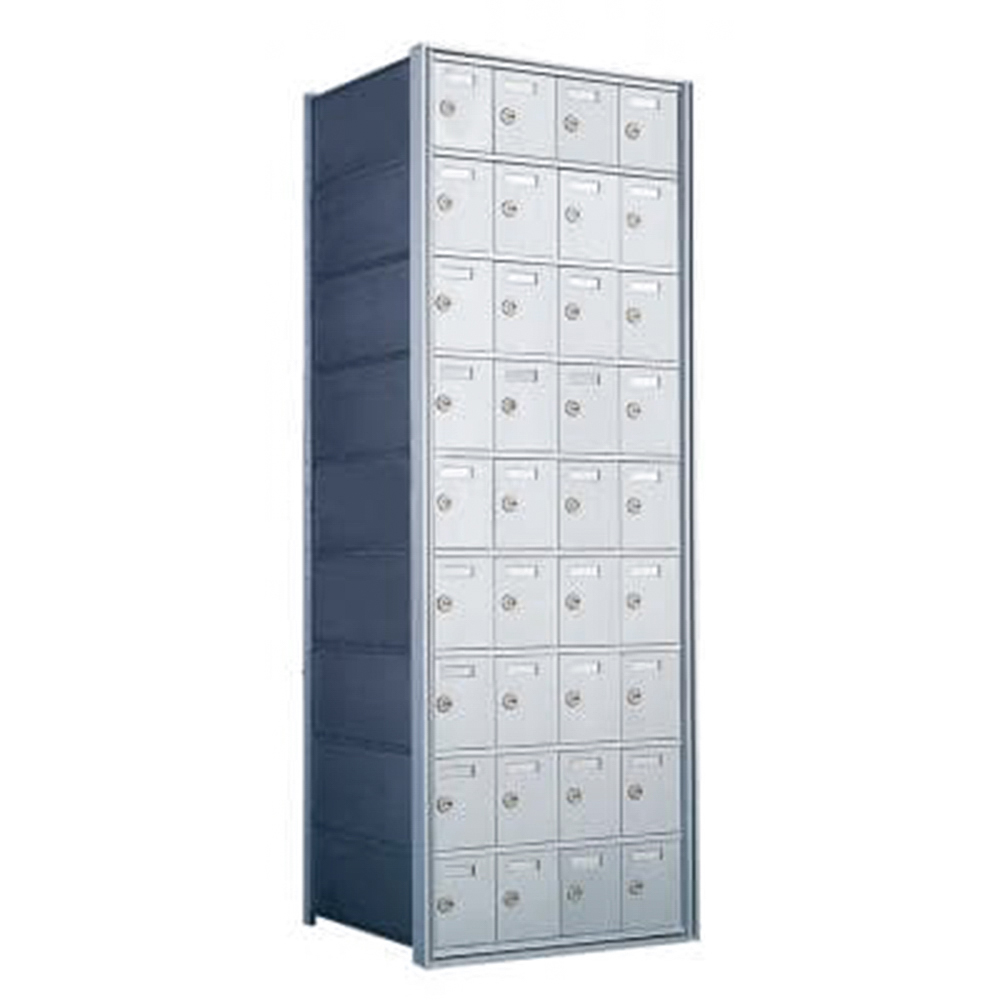 Tall metal locker unit with multiple small compartments and locks.
