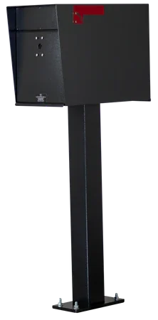 Black metal mailbox on a tall post with a red flag.