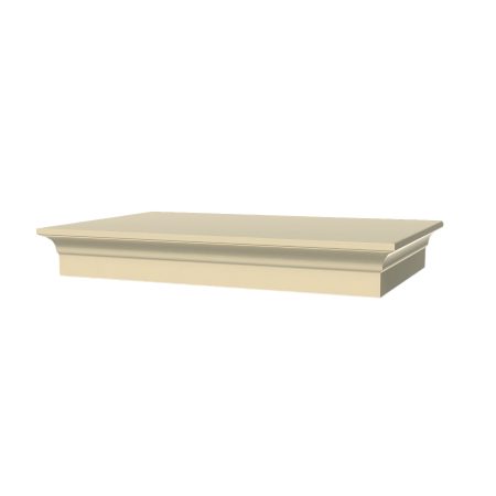 Beige floating wall shelf with decorative molding, angled view.