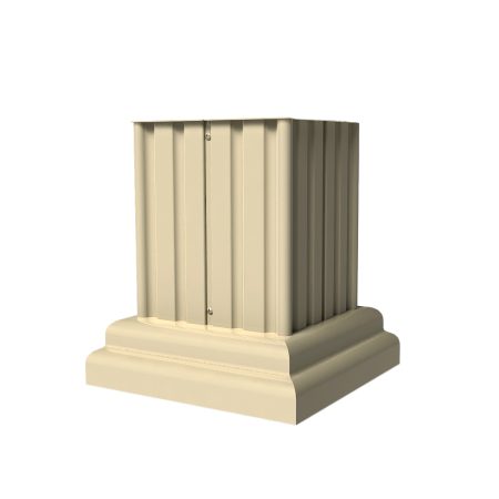 Beige square column base with vertical grooves and a stepped pedestal design.