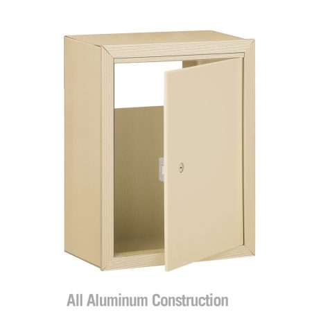 Beige aluminum wall-mounted mailbox with open door.