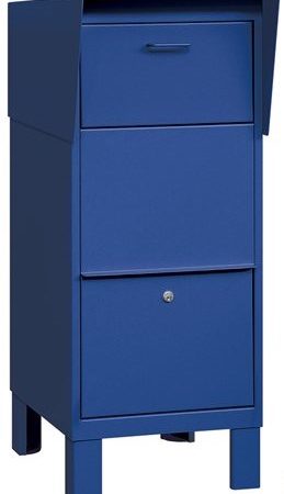 Blue metal mailbox with a top lid, front handle, and lockable bottom compartment.
