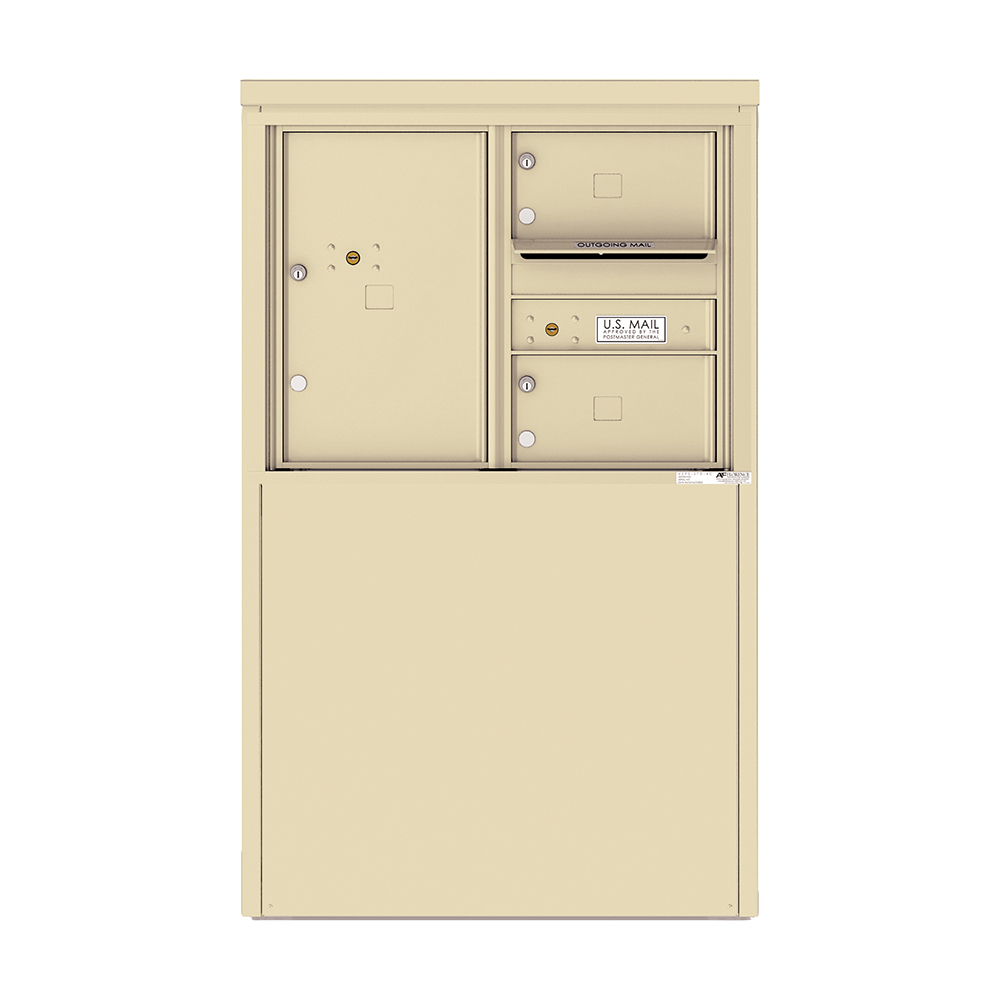 Beige multi-unit mailbox with outgoing mail slot and lockable compartments.