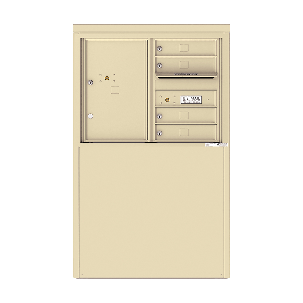 Beige multi-unit mailbox with four compartments and an outgoing mail slot.