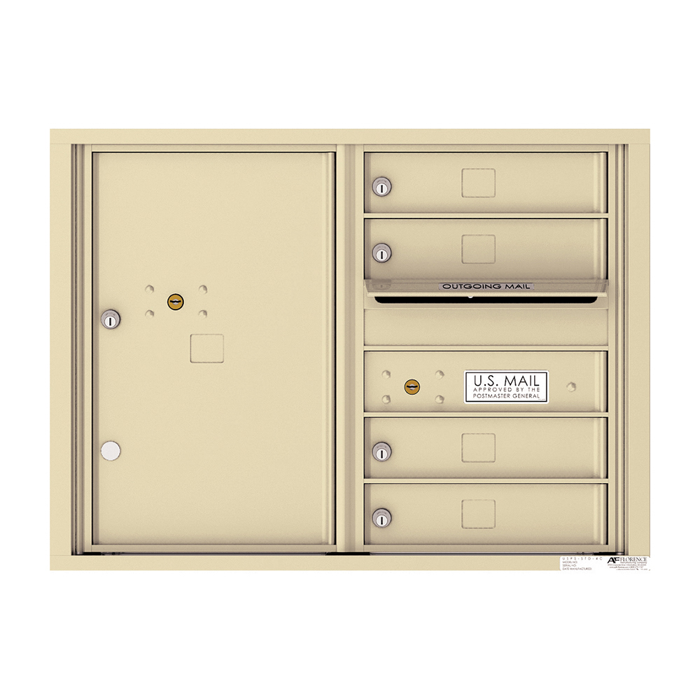 Beige wall-mounted mailbox unit with multiple compartments and locks.