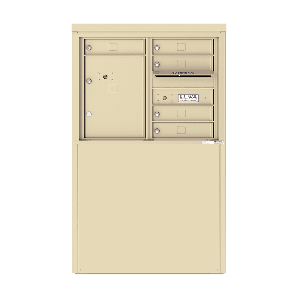Beige multi-unit mailbox with parcel locker and outgoing mail slot.