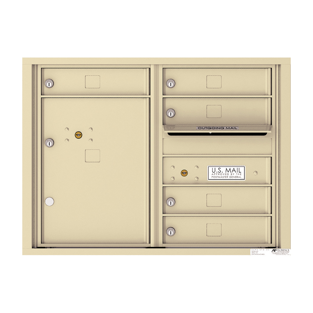 Beige wall-mounted USPS-approved mailbox unit with multiple compartments and locks.
