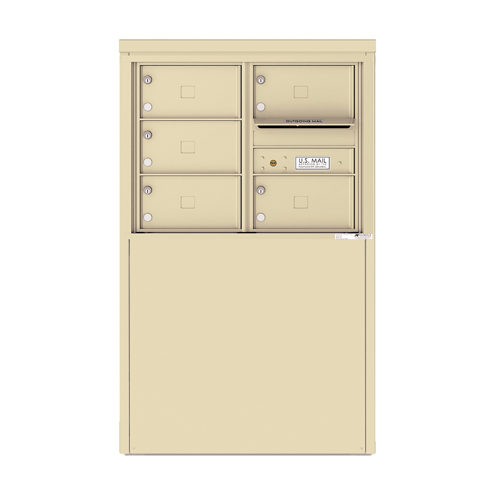 Beige multi-unit mailbox with six compartments and an outgoing mail slot.