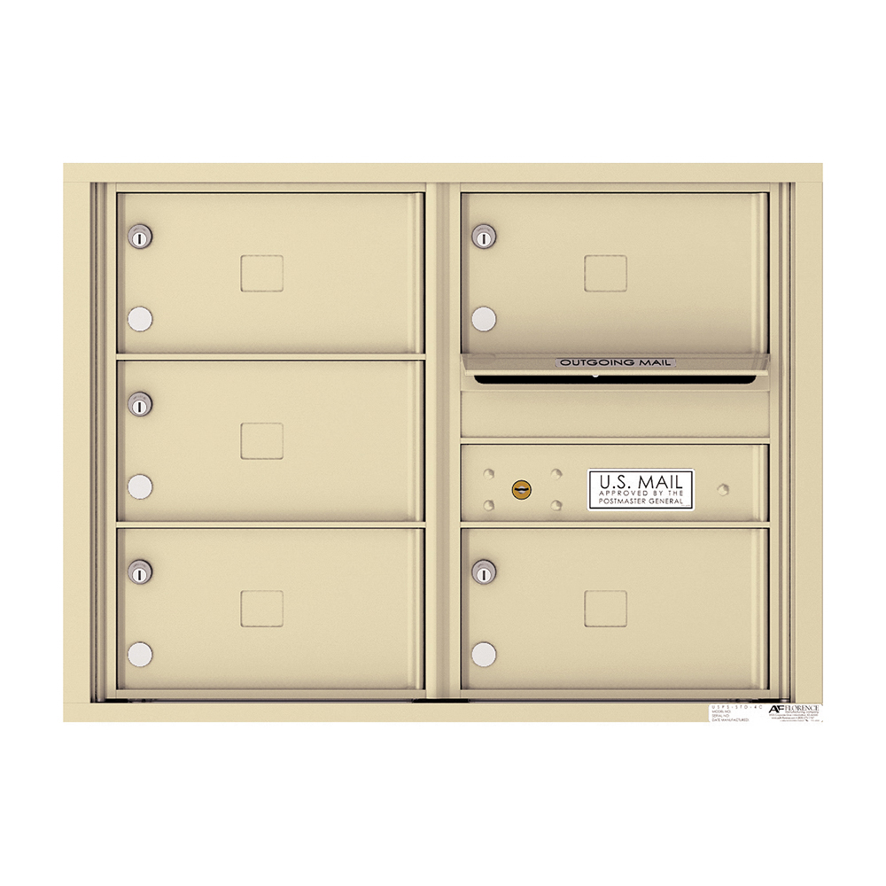 Beige wall-mounted cluster mailbox with multiple compartments and outgoing mail slot.