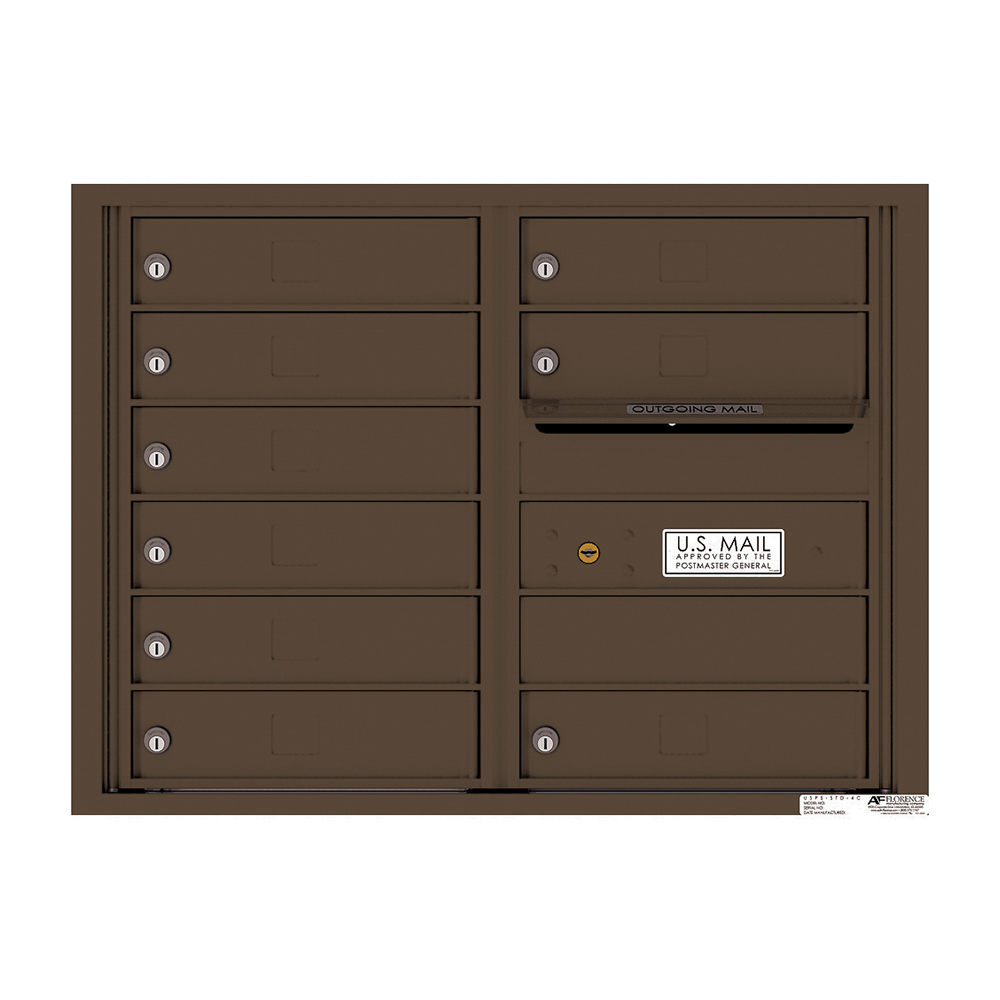 Brown multi-unit mailbox with individual locks and outgoing mail slot.