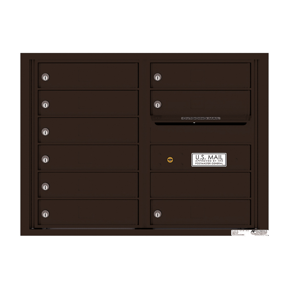 Dark brown wall-mounted mailbox unit with multiple locked compartments and outgoing mail slot.