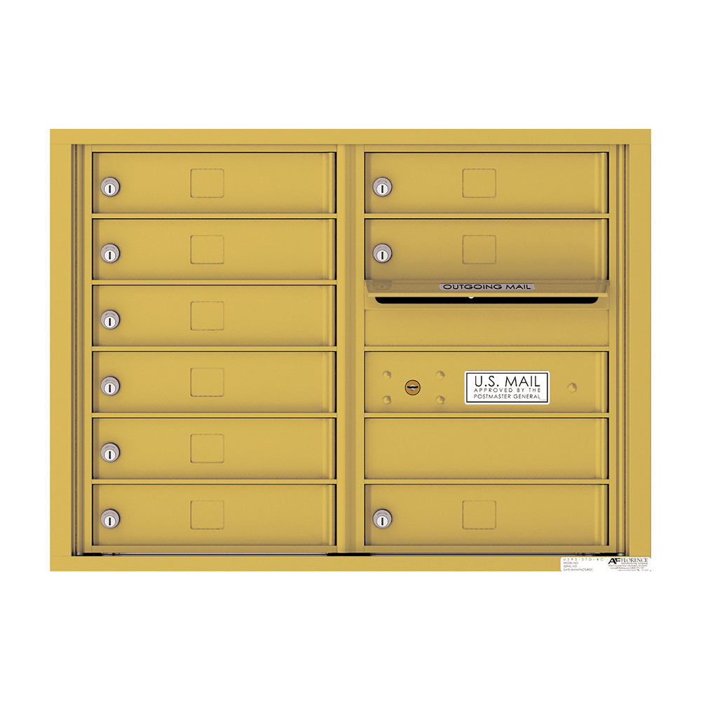 Yellow wall-mounted mailbox unit with multiple locked compartments and outgoing mail slot.