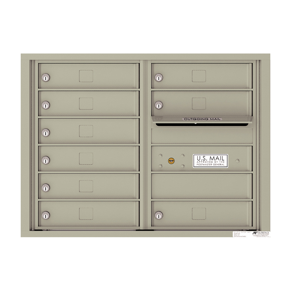 Tan wall-mounted mailbox unit with multiple compartments and outgoing mail slot.