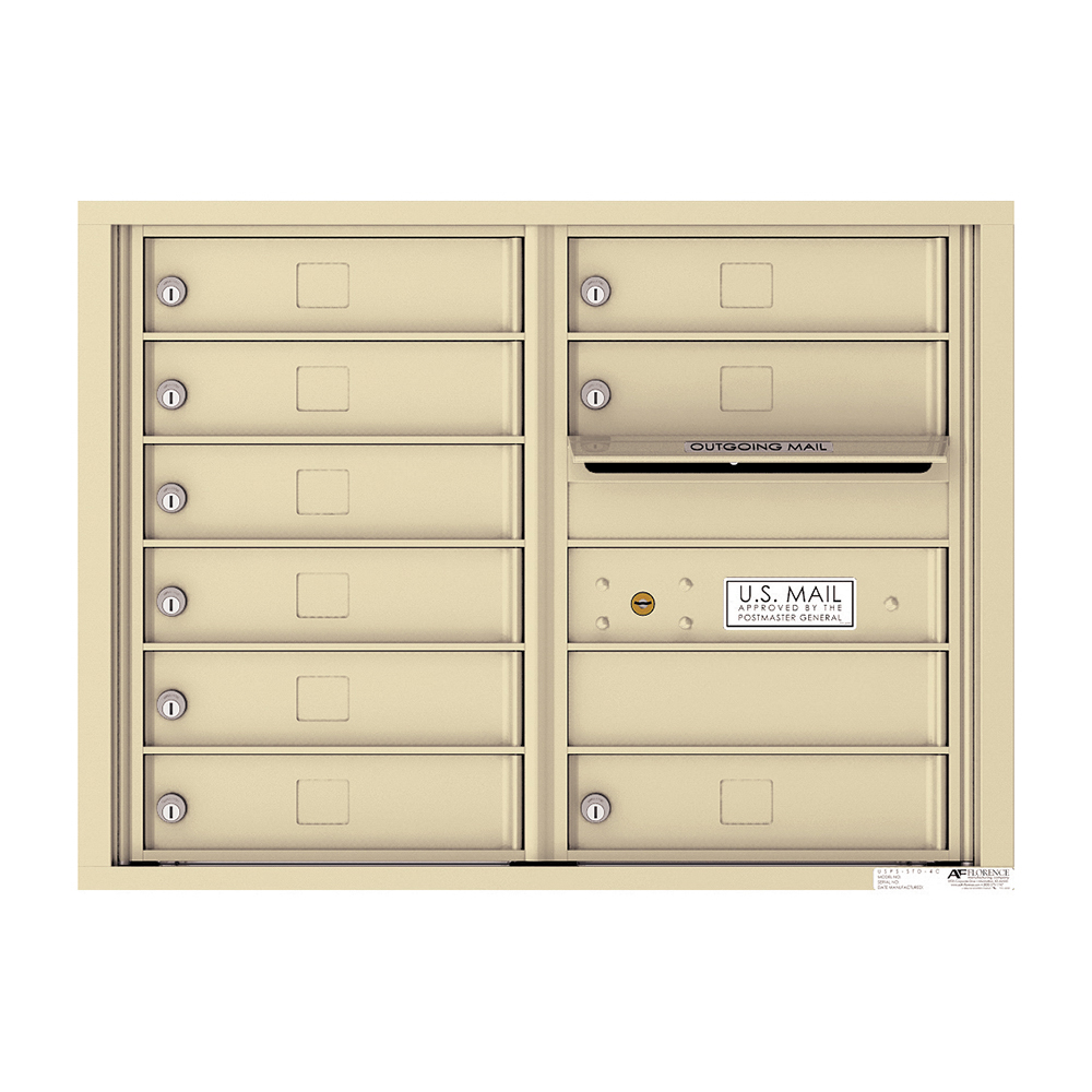 Beige wall-mounted mailbox unit with multiple locked compartments and an outgoing mail slot.