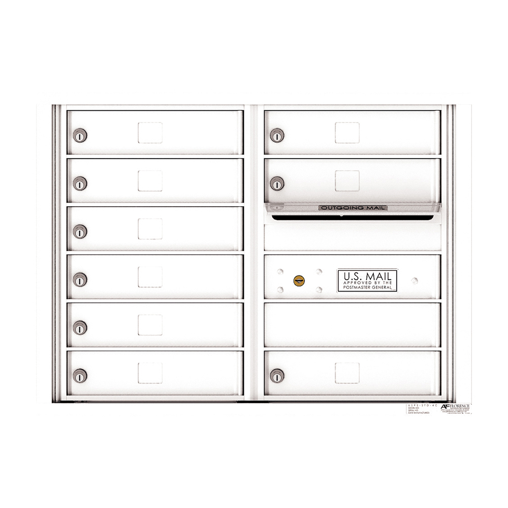 White wall-mounted mailboxes with locks and an outgoing mail slot.